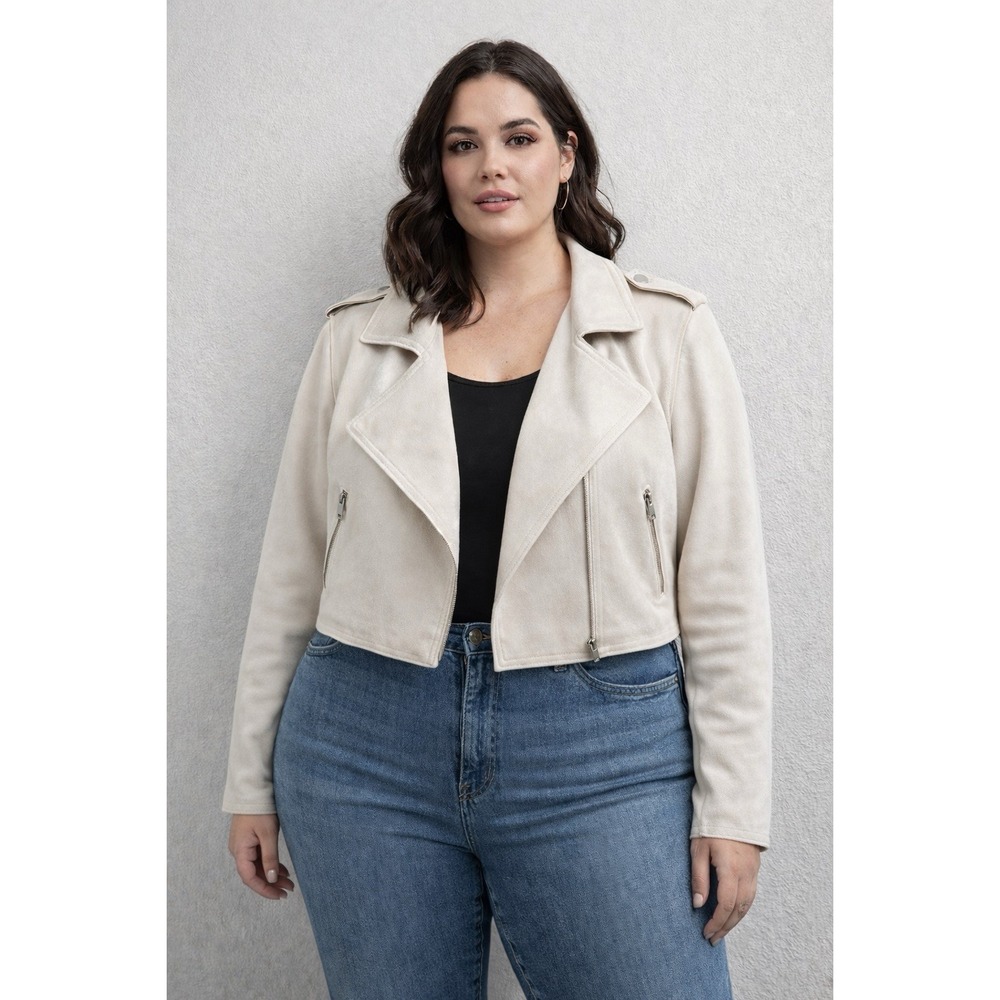 Tahari Women's Plus Sz‎ 1X Faux Suede Open-Front Crop Cream Moto Jacket